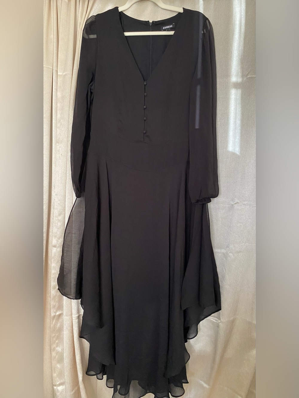 Express Black Chiffon Midi Dress Sheer Sleeves High Low Hem Large